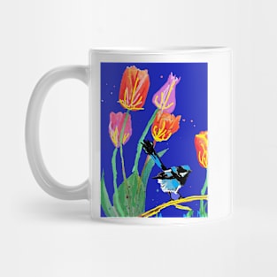 Abstract Blue Wren and Tulips Painting - on Navy Blue Mug